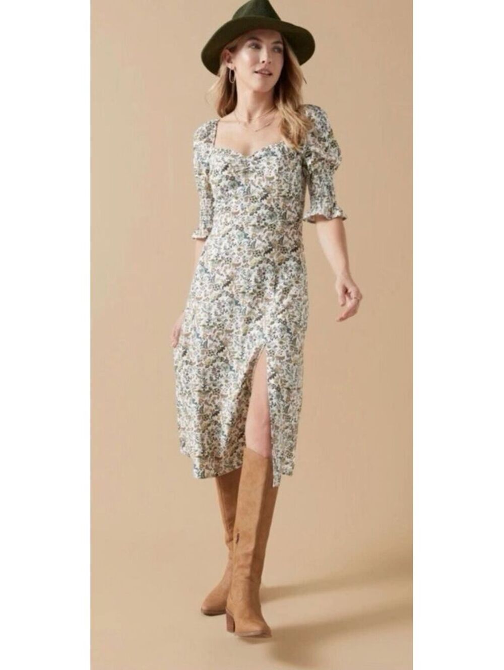 Audrey Parks Francesca’s Bobbi Floral Midi Dress Ribbed Puff Sleeve Slip Size L